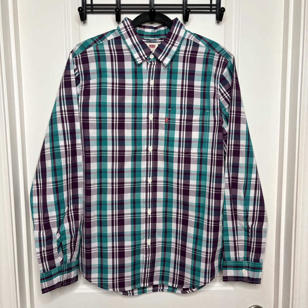 Levi's Mens The One Pocket Plaid Button Down Shirt Teal Purple White Medium NEW